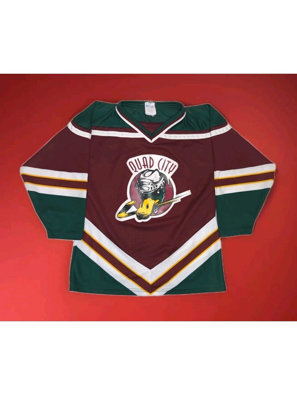 VTG 90 QC QUAD CITY MALLARDS Hockey Jersey Athletic Knit CHL UHL BOY YOUTH LARGE